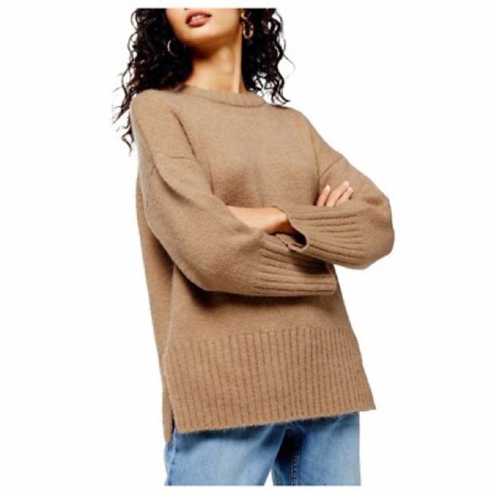 Topshop Camel Crew Neck Split Side Knit Pullover Sweater Women’s 8-10 Medium